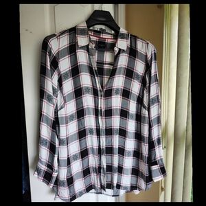 Red White & Black Talbots Lagenlook Snowflake Plaid Button Rayon Shirt Size 1X